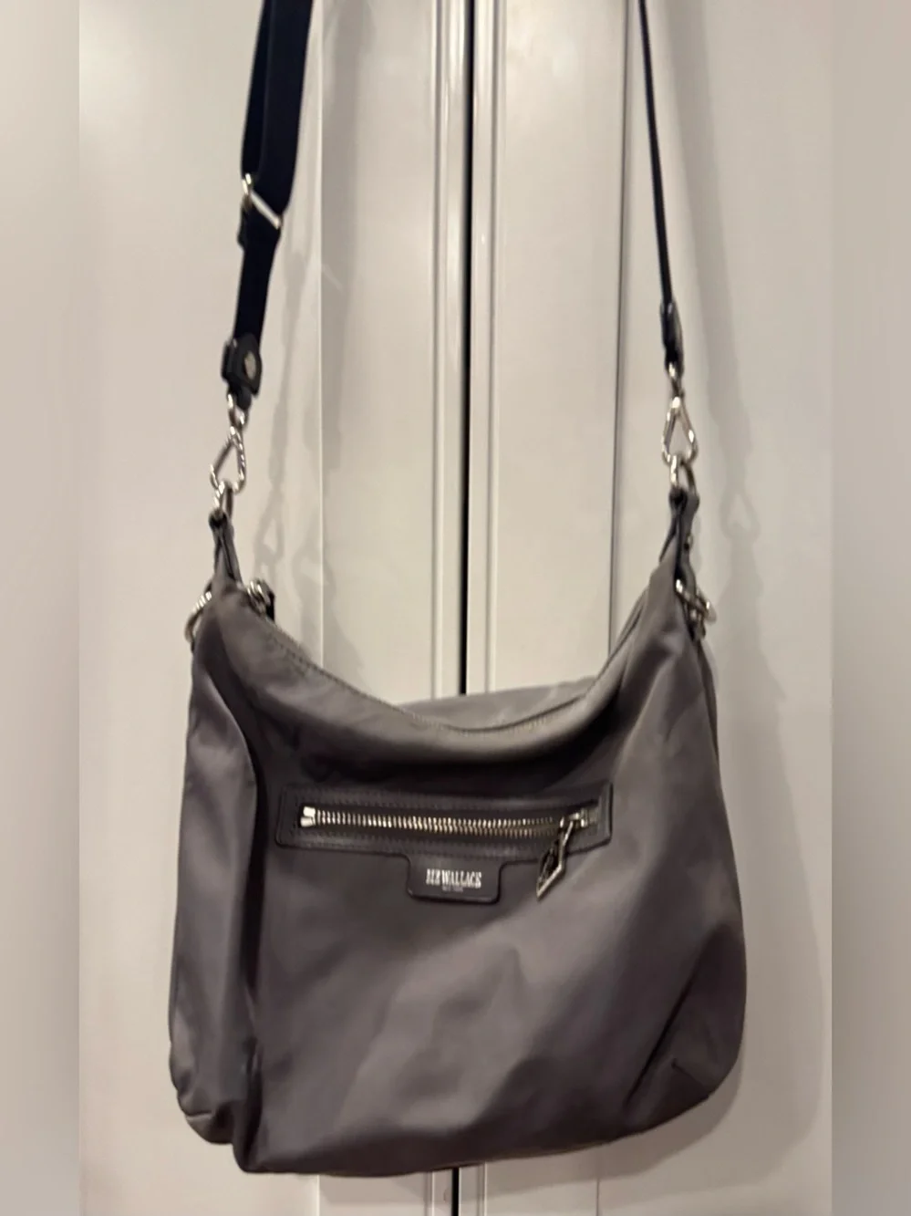 MZ Wallace Gray Nylon Hobo Shoulder Bag Silver Hardware Lightweight Purse